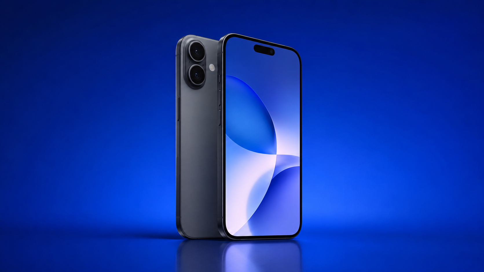 Apple iPhone 17 (256 GB), voor- en achterkant, op een diepblauwe achtergrond
