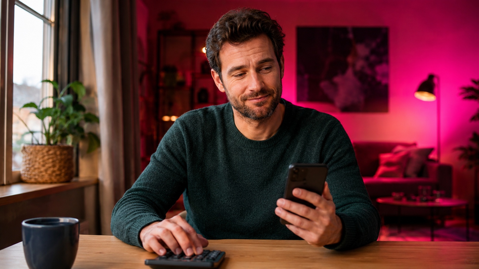Man controleert aan de keukentafel met een rekenmachine of zijn internetabonnement echt goedkoper is