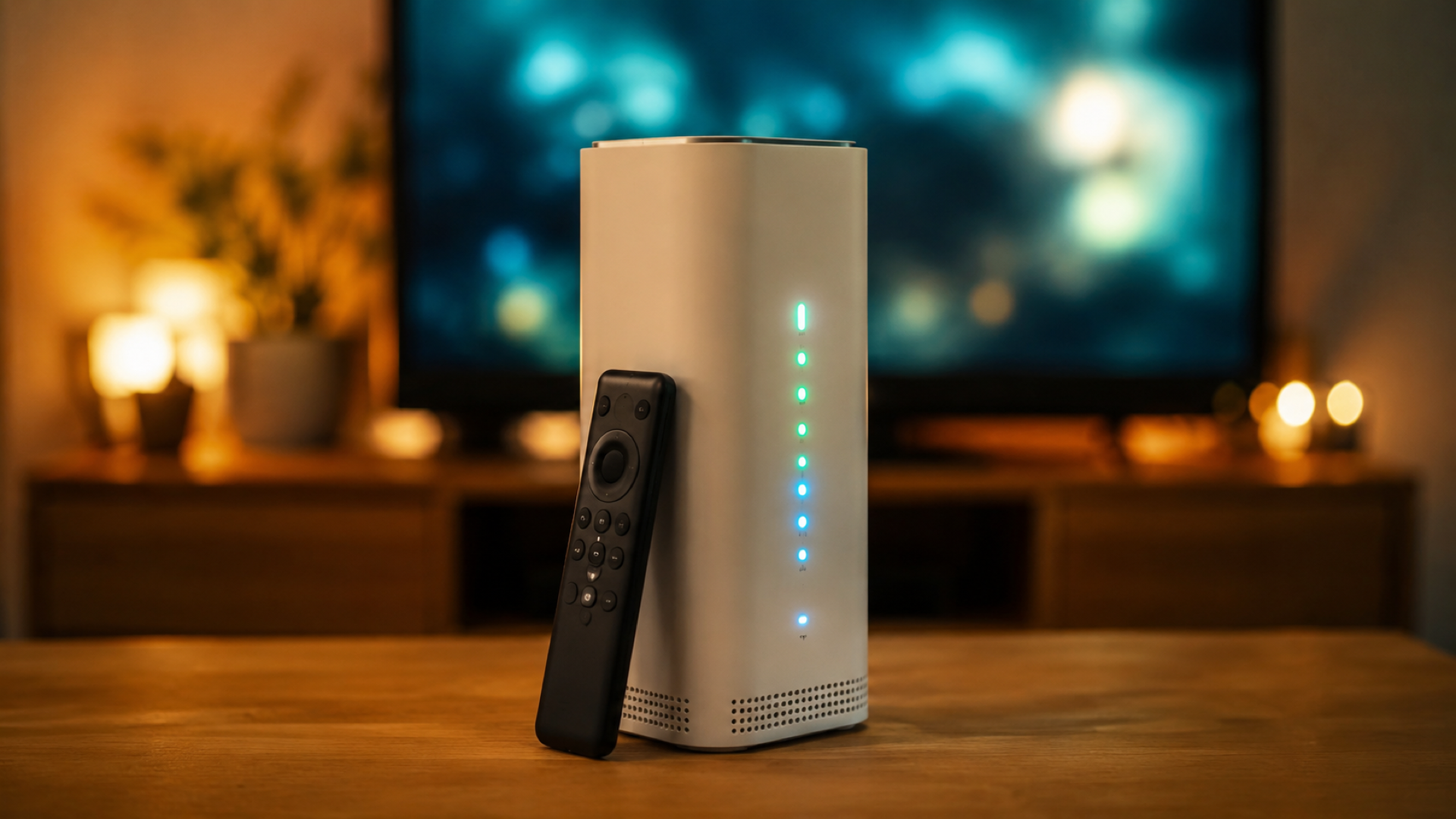 Internetmodem met een tv-afstandsbediening ertegenaan op een woonkamertafel, met een wazige tv op de achtergrond