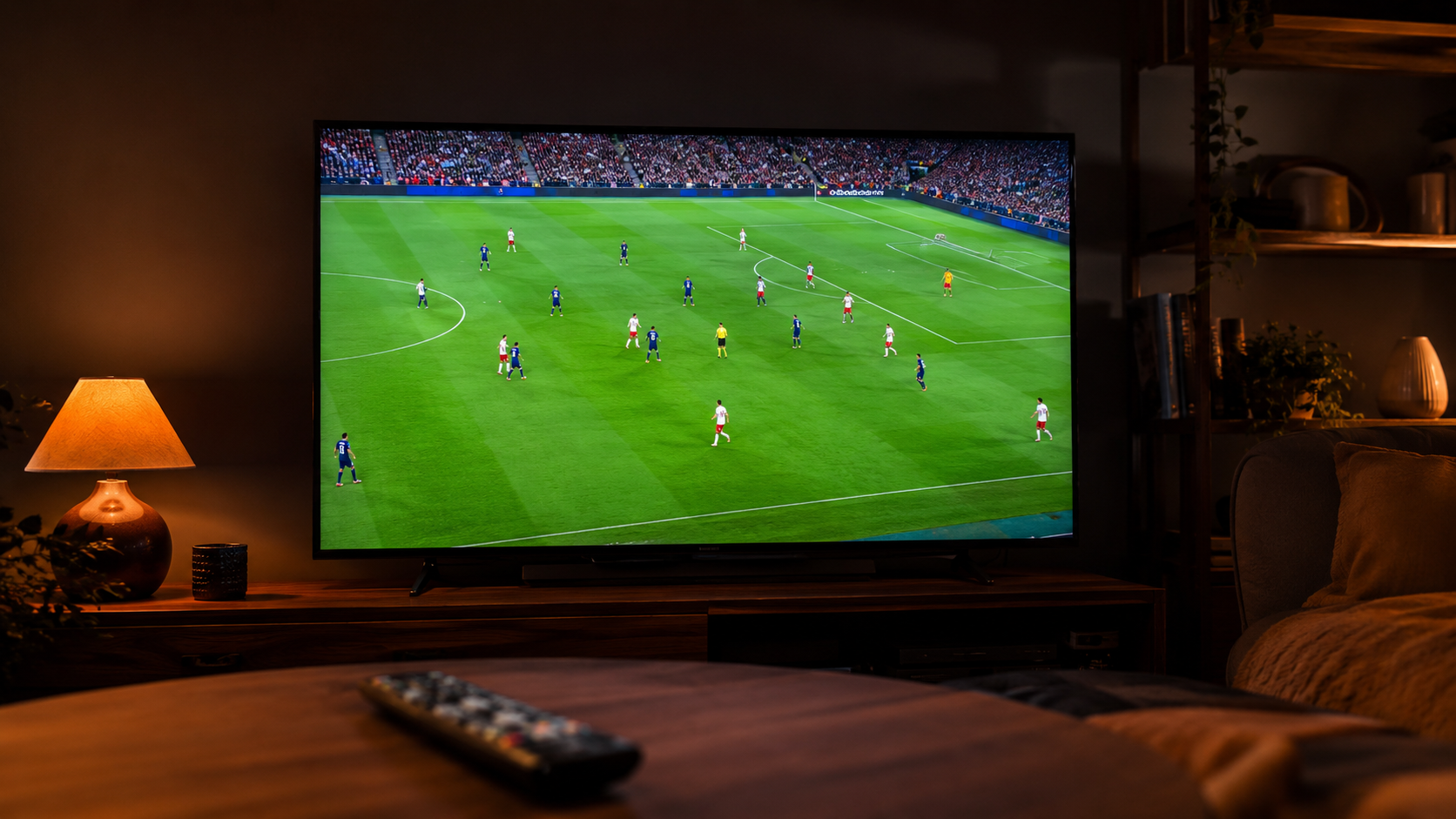 Voetbalwedstrijd op een grote tv in een sfeervolle woonkamer, met een tv-afstandsbediening op de salontafel op de voorgrond