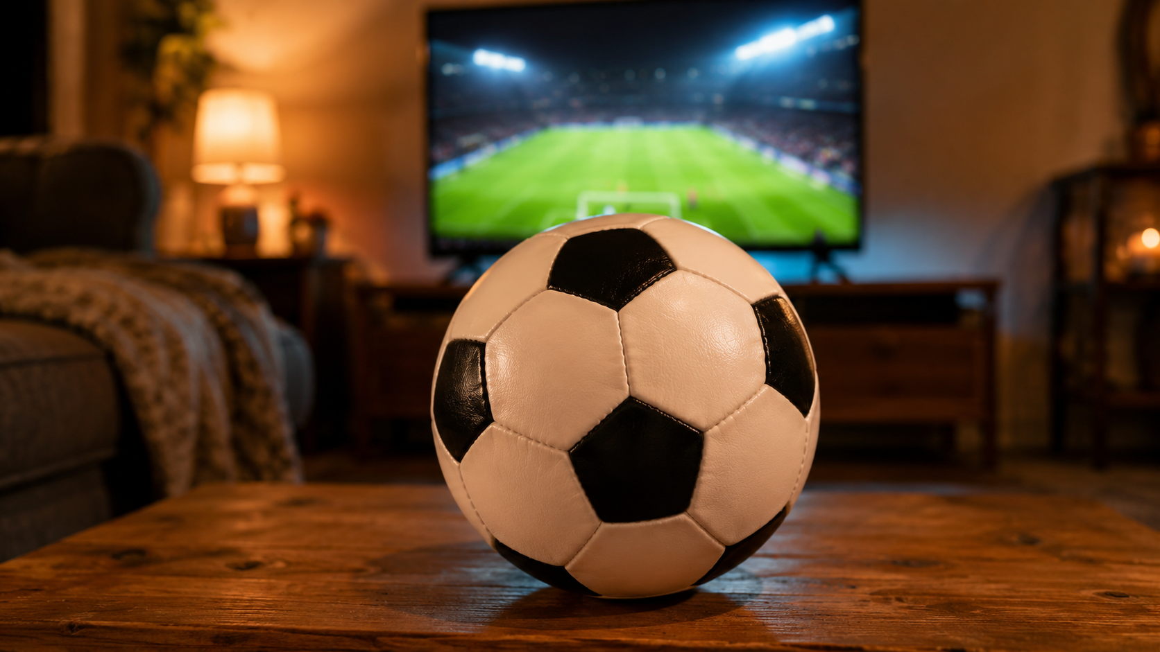Voetbal op de salontafel voor een tv met een Eredivisie-wedstrijd, gratis te kijken met ESPN Compleet bij Odido