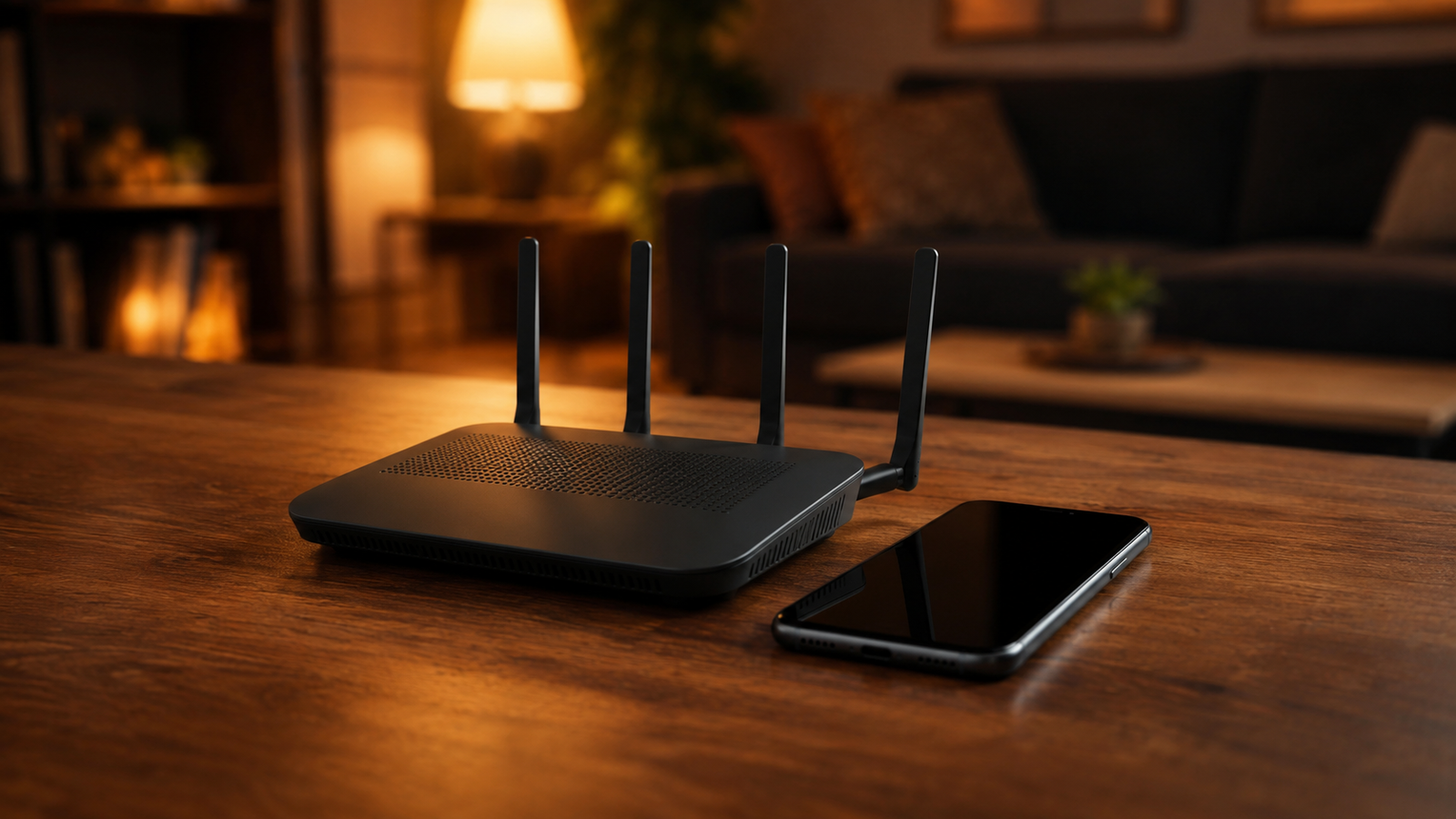 Een moderne wifi-router en een smartphone naast elkaar op een houten tafel, symbool voor internet en mobiel