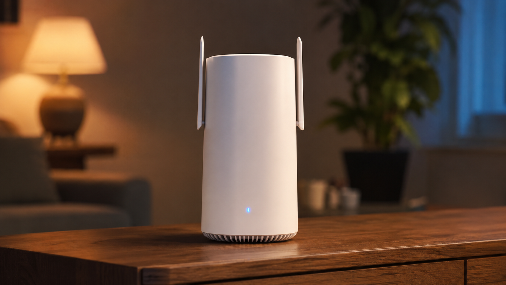 Wit KPN 5G-thuismodem op een houten woonkamerkast, met warm huiselijk licht