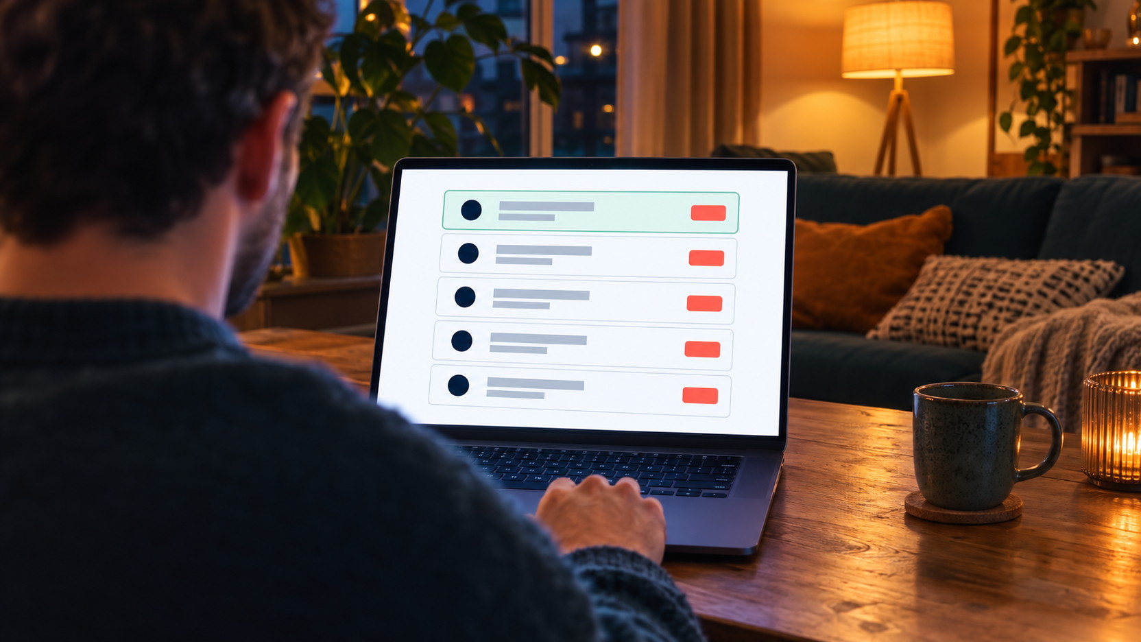 Man aan zijn laptop in de woonkamer, over zijn schouder gezien, met op het scherm een sterk vereenvoudigde vergelijking van vijf internetabonnementen