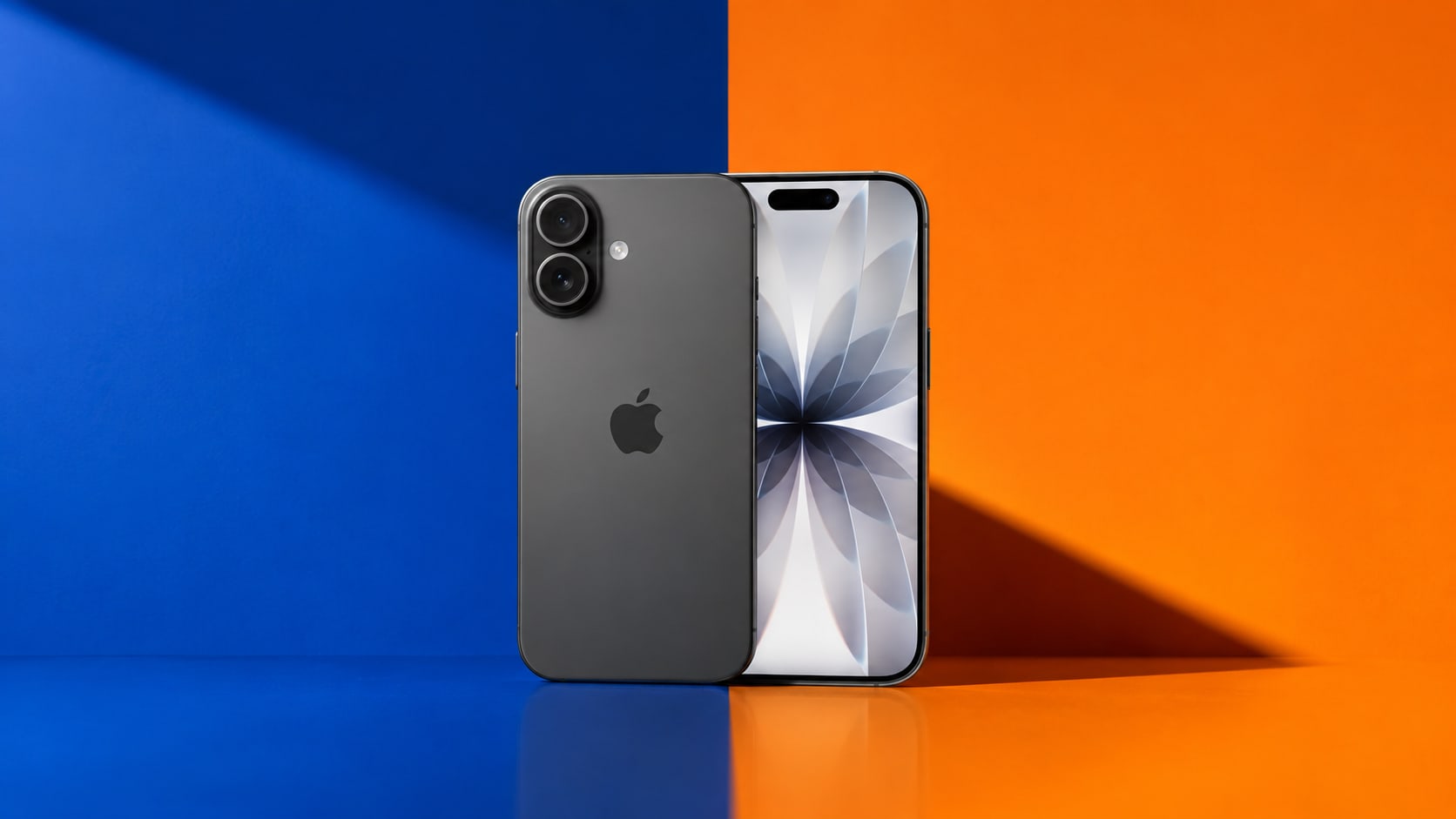 Zwarte iPhone met voor- en achterkant naast elkaar, tegen een blauw-oranje achtergrond