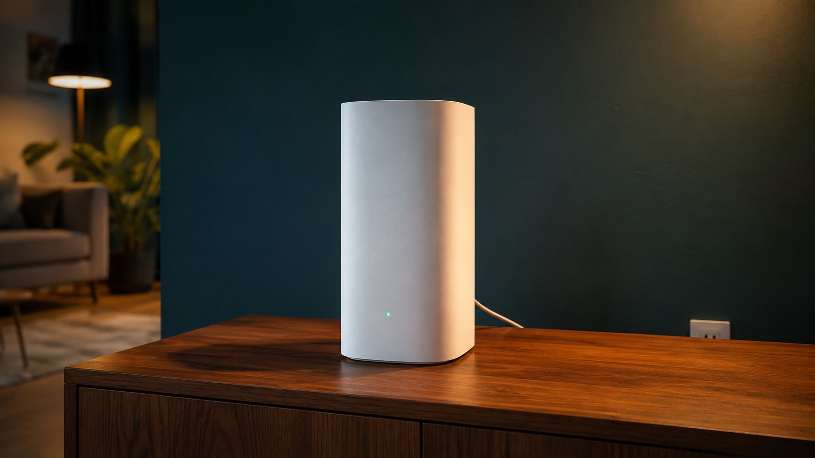 Witte glasvezelrouter met groen statuslampje op een houten dressoir in een Nederlandse woonkamer, met de glasvezelkabel naar de wandaansluiting