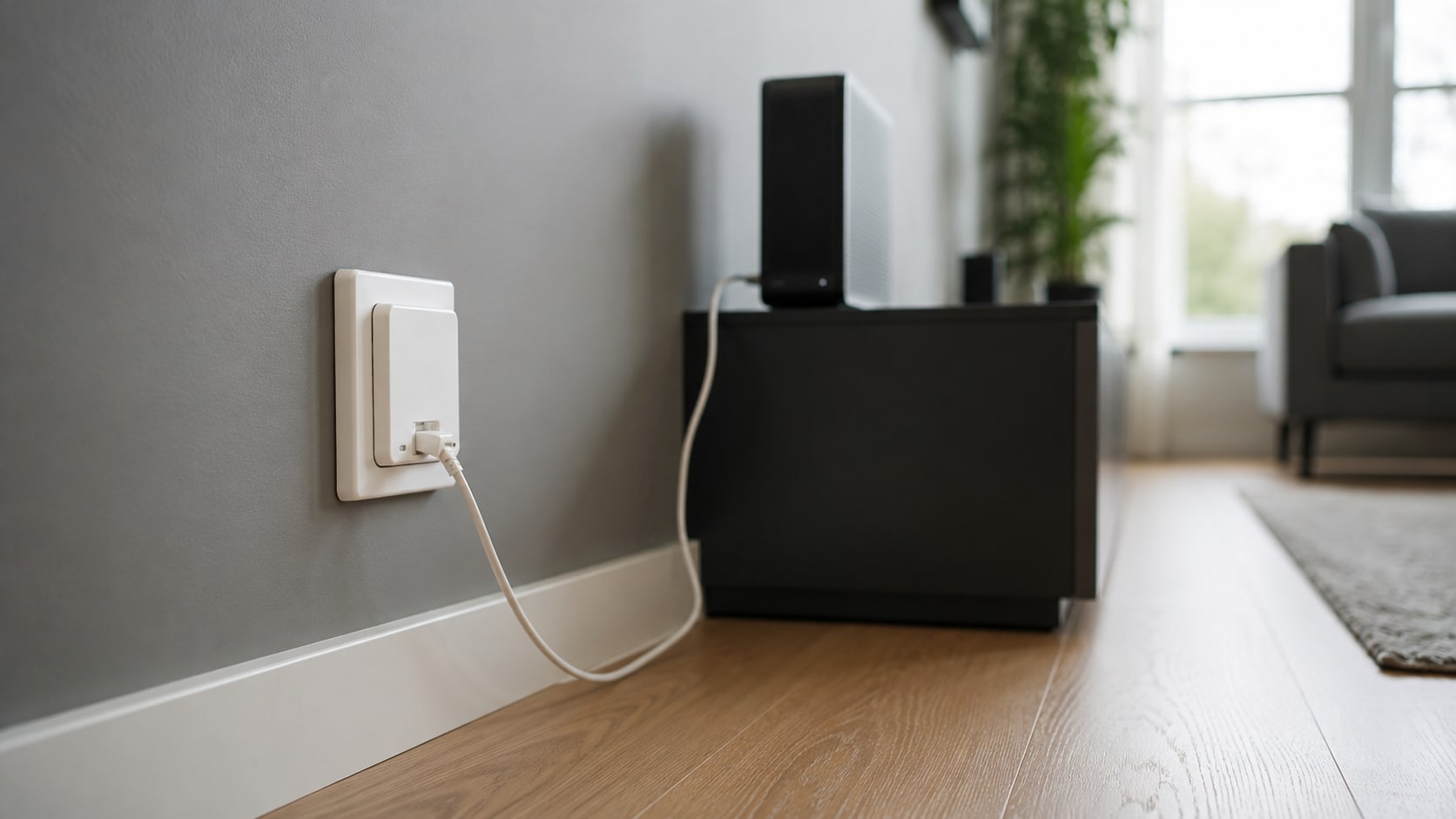 Witte internetaansluiting op een grijze woonkamerwand, met een witte kabel die langs de plint naar het tv-meubel loopt
