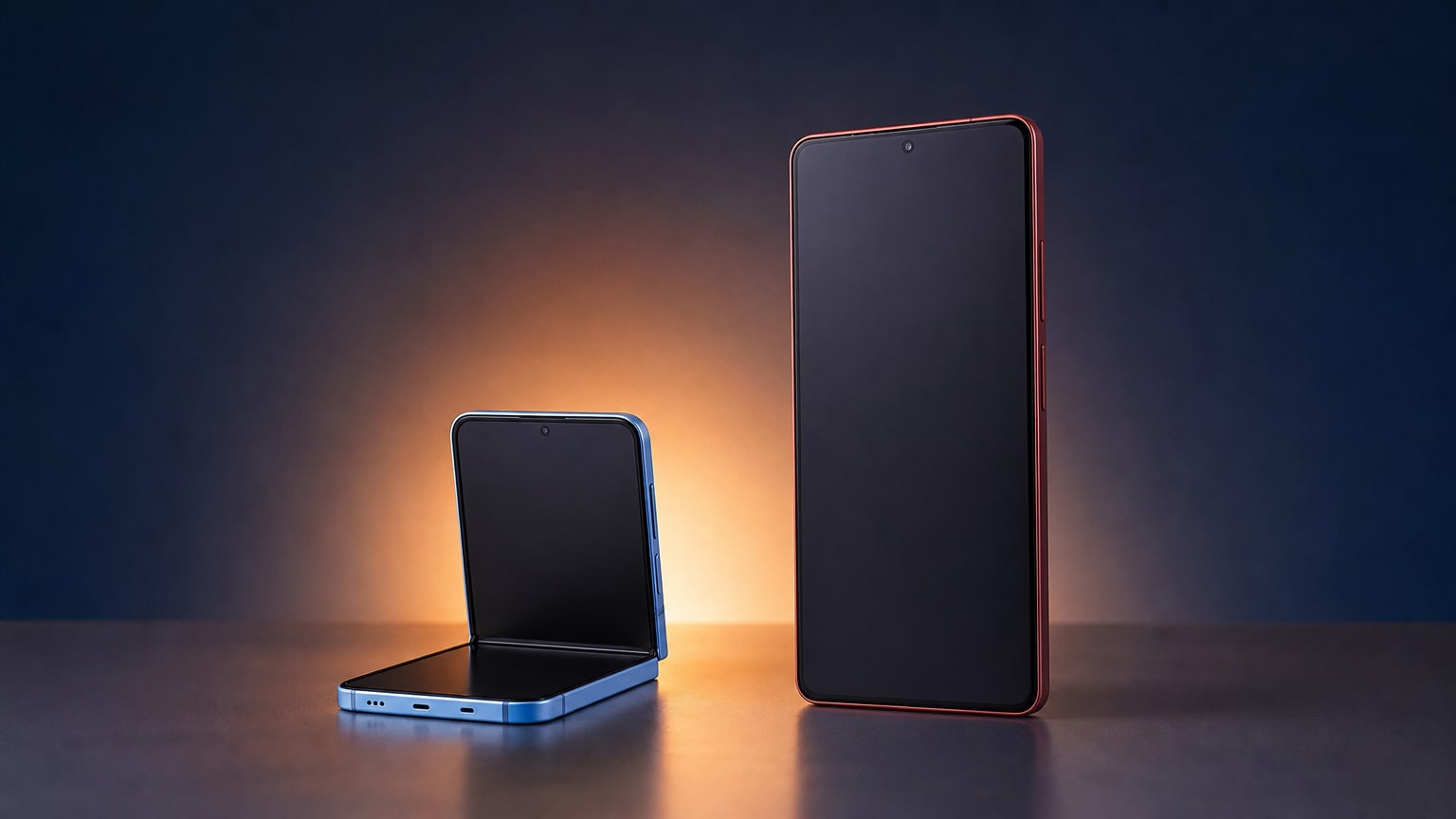 Twee smartphones op een podium in warm tegenlicht, waarvan er één half opengevouwen staat