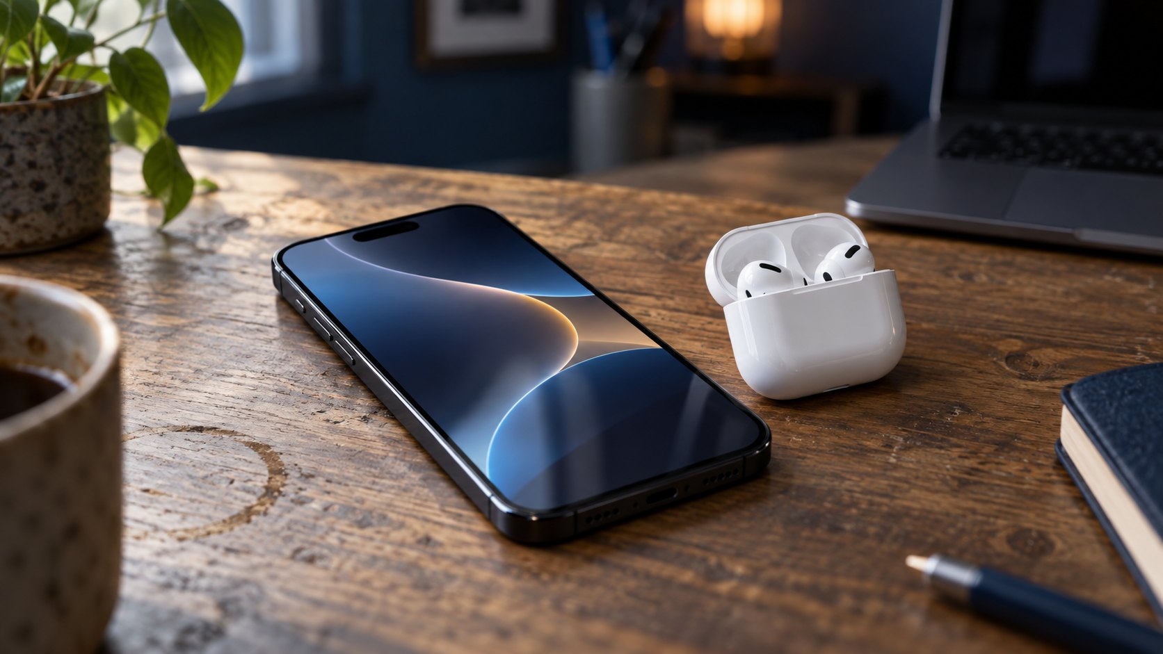 Een zwarte iPhone 18 Pro naast een geopend doosje AirPods op een houten bureau