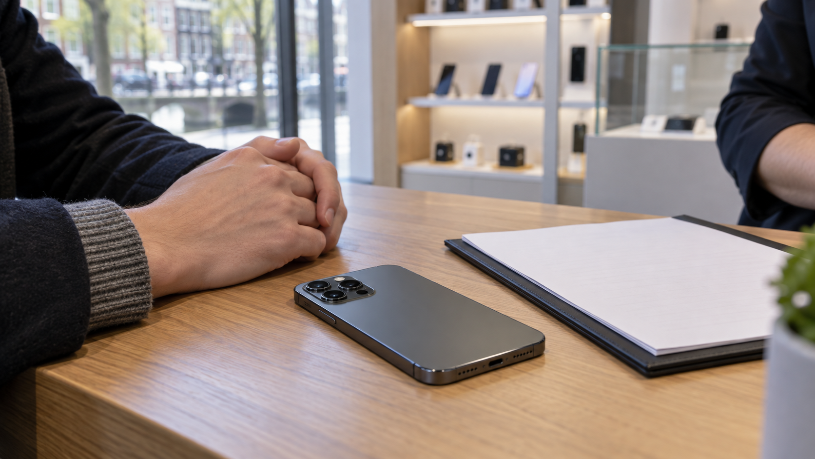 Smartphone op een houten toonbank in een telefoonwinkel, met een klant en een verkoper aan weerszijden
