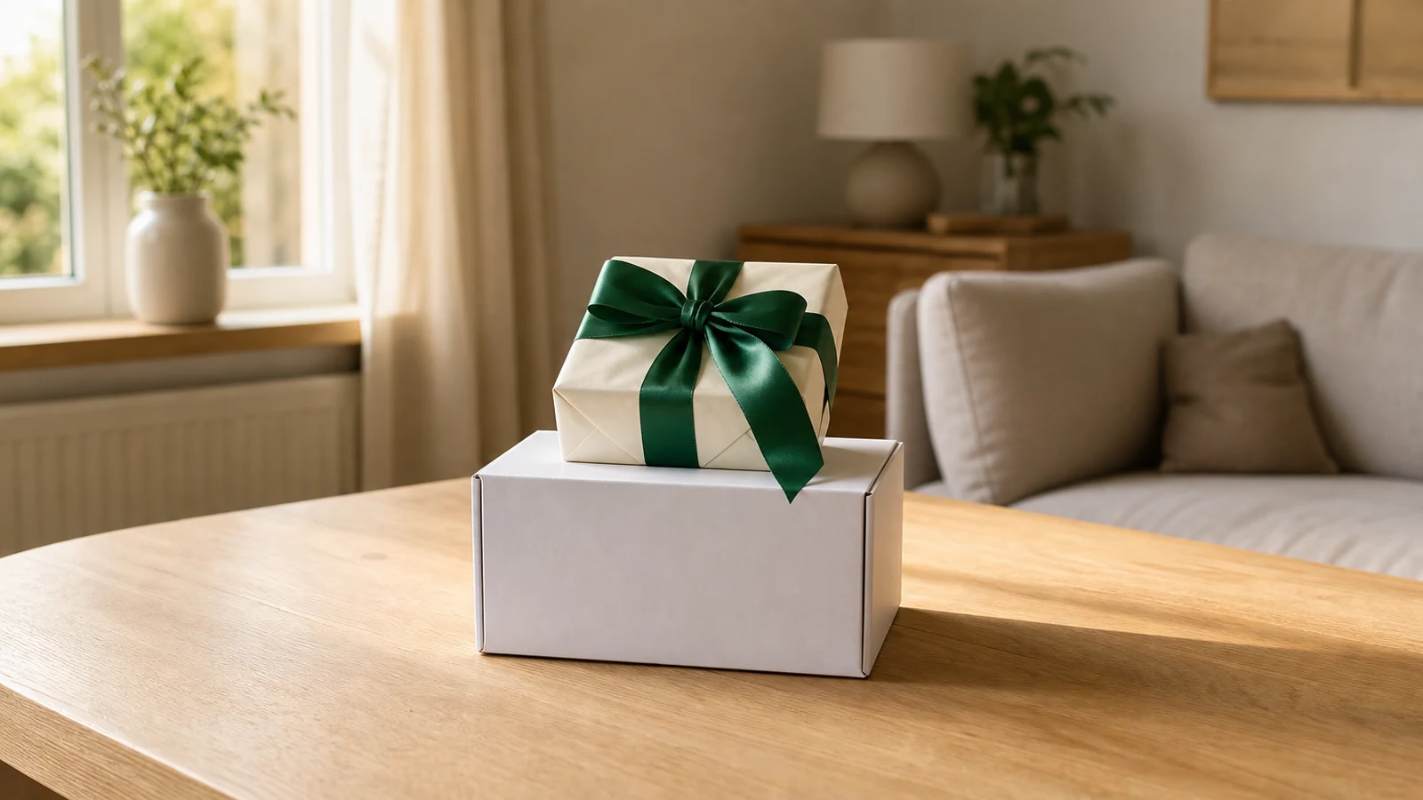 Witte verzenddoos met een ingepakt cadeautje met groen lint op een houten tafel