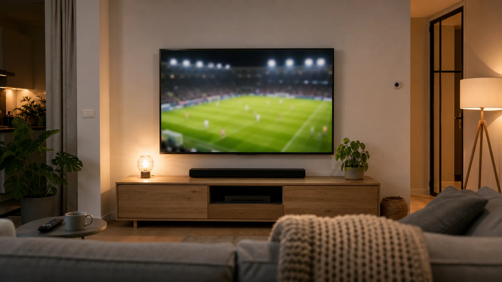 Woonkamer in de avond met een tv waarop wazig een voetbalwedstrijd te zien is
