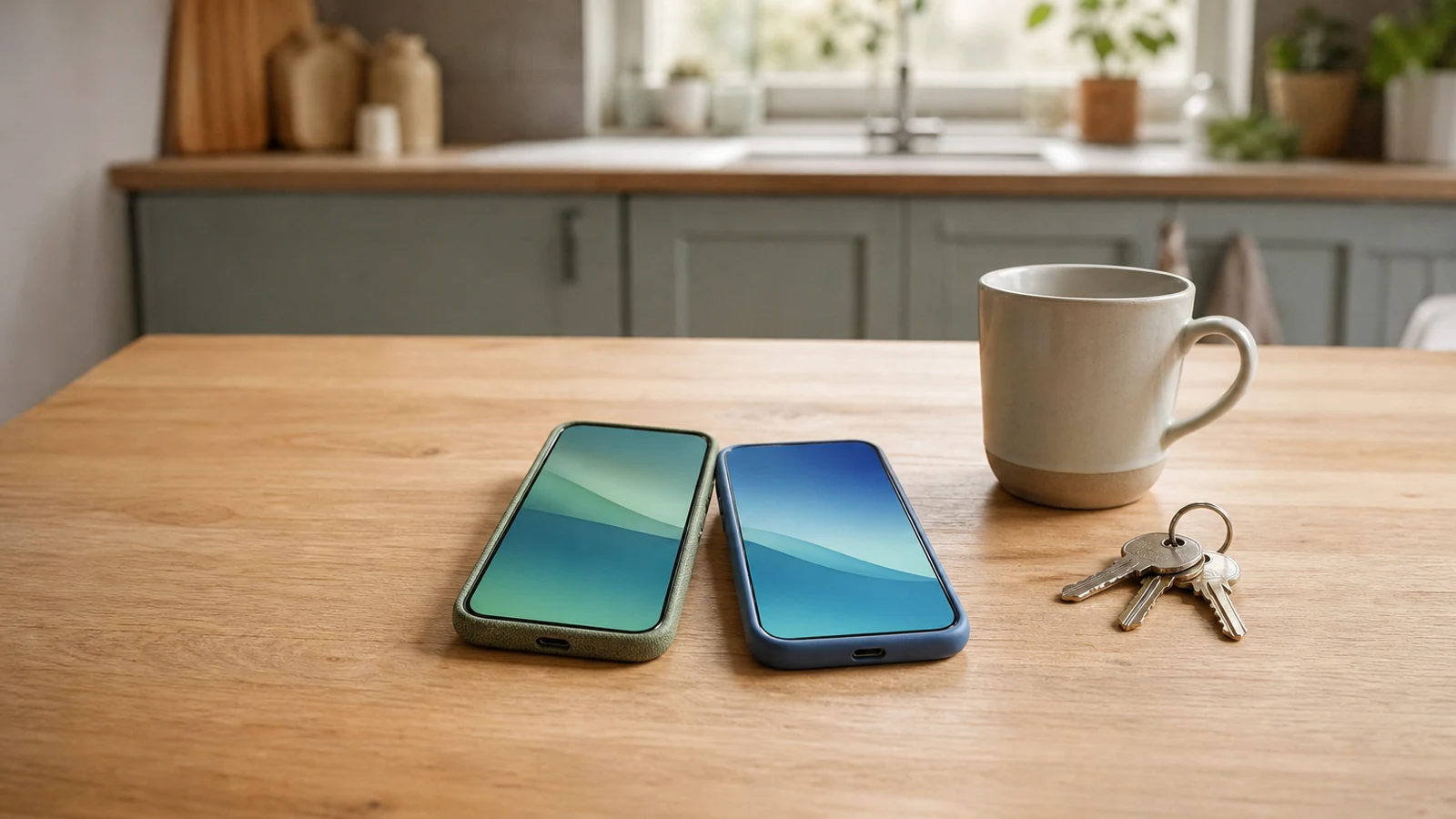 Twee smartphones met hetzelfde schermverloop naast elkaar op een keukentafel, met een mok en een sleutelbos