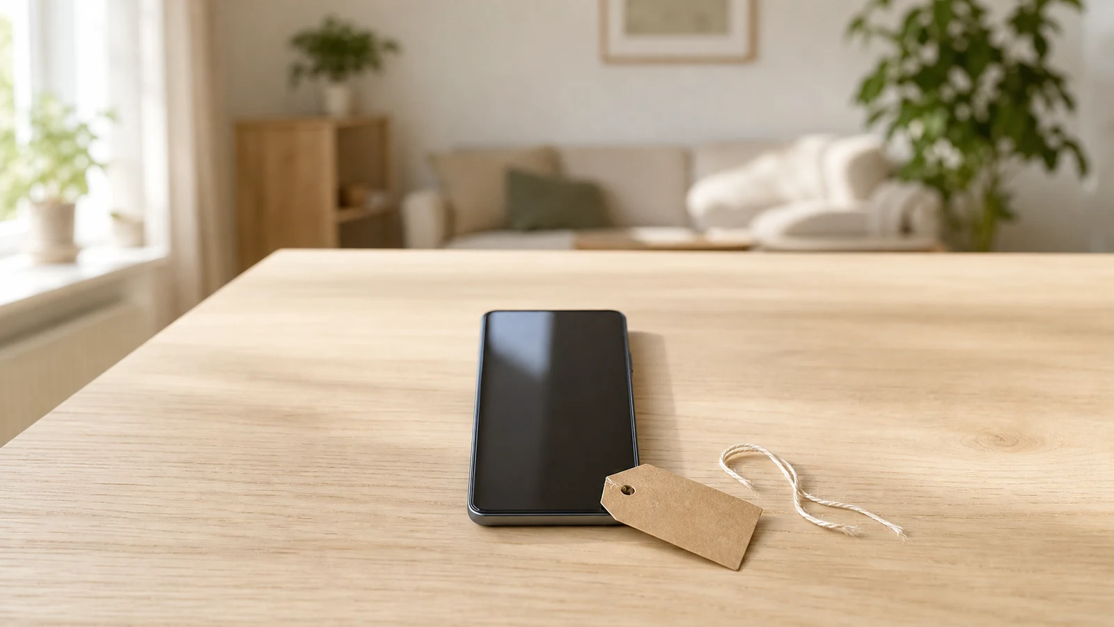 Smartphone met zwart scherm op een lichte houten tafel, met een blanco kraftpapieren prijslabel aan een touwtje ernaast