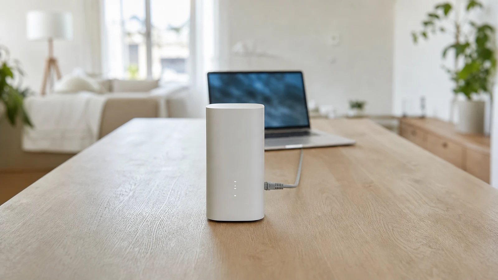 Wit modem met een netwerkkabel naar een laptop op een houten bureau in een lichte woonkamer