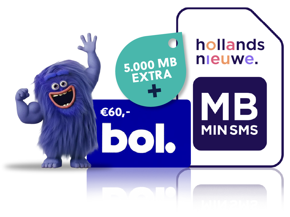 hollandsnieuwe sim only via Meervoordeel met €60 Bol.com cadeaukaart en 5 GB extra data